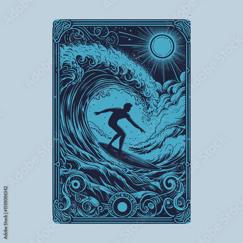 surfing figure in clean vintage beach vector layout