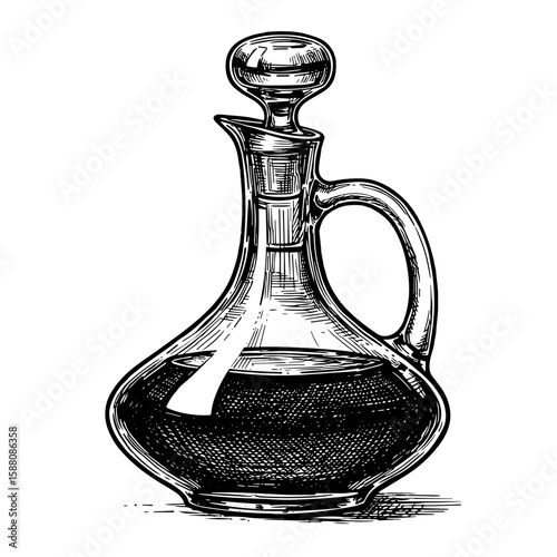 Wine decanter with dark liquid displayed in vintage style  