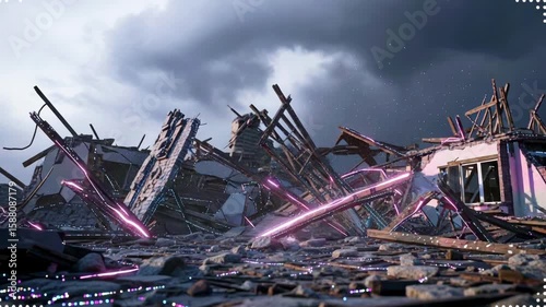 Futuristic ruins with neon lights amidst a dramatic sky, showcasing a post-apocalyptic scene