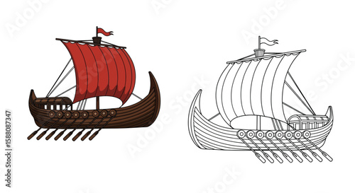 Byzantine Dromon Warship Coloring Page with Detailed Colored and Outline Naval Views