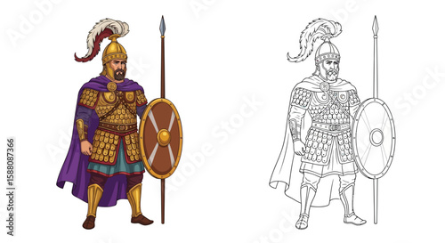 Byzantine General Coloring Page with Full Color and Outline Historical Designs