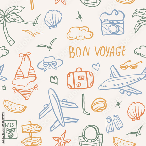 Hand drawn bon voyage seamless pattern