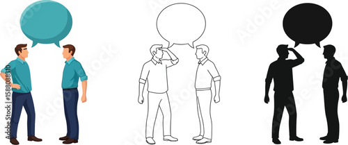 Three illustration styles showing two men communicating with speech bubbles.