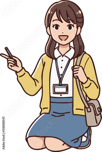 小学校教師 アニメスタイル イラスト - 子どもに寄り添う女性教員