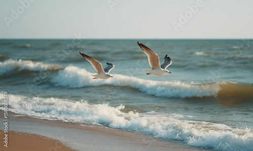 seagulls flying over the beach, with ocean waves in the background
