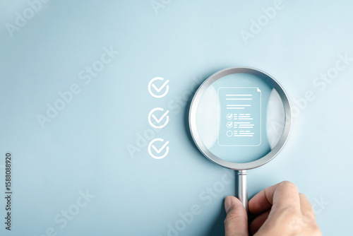 Survey document checking process showing magnifying glass focusing on online checklist form, quality control, feedback evaluation, and digital data verification workflow.
