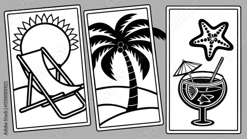 An illustrated glass of water with a tropical beach, palm trees, and the ocean at sunset, perfect for a summer holiday