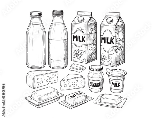 Set of dairy items. Hand-drawn sketch vector art. Black color engraving technique. Isolated on a white surface.