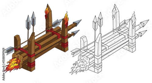 Chinese Fire Arrow Launcher Coloring Page for Kids Dual Colored and Outline Weapon