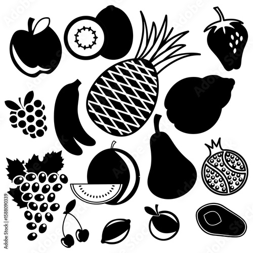 Black Fruits Illustration Design: Healthy Organic Silhouette Pattern for Eco-Friendly Artwork. Black And White Illustration Isolated On White Background
