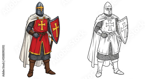 Crusader General Coloring Page with Detailed Colored and Outline Medieval Attire