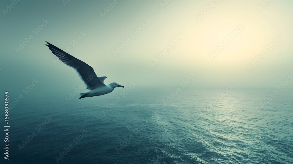 Fototapeta premium An albatross glides over the sea, with a soft background creating a tranquil oceanic atmosphere