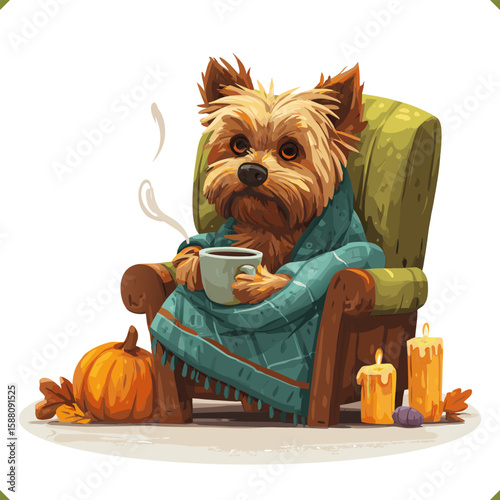 Vector illustration of a fluffy dog sitting in an armchair with a cup of hot drink, surrounded by candles, books, and autumn decor, on a white background, isolated on white background