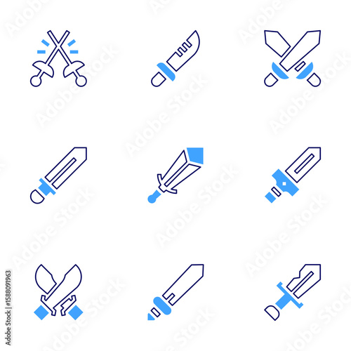 Sword icon set. Bold line style. Duotone colors. Editable stroke. sword, dagger, swords, sabre