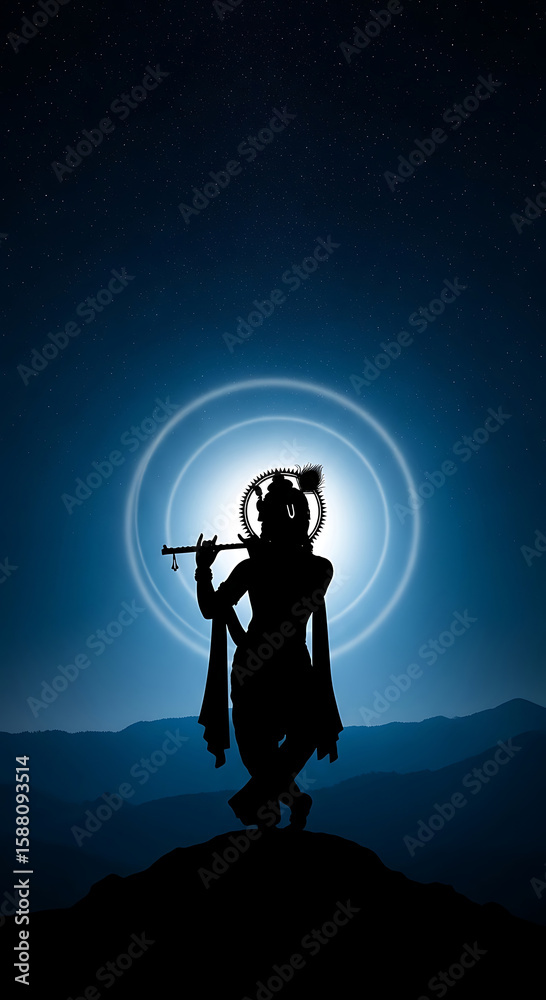 Fototapeta premium Mystical Krishna Silhouette Reflects Ancient Hinduism and Spiritual Devotion