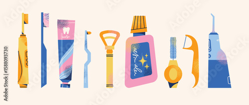 Dental hygiene tools set toothbrush, toothpaste, floss, interdental brush, toothpaste tube, irrigator, and mouthwash. Flat vector illustration in cartoon style. Dental care and hygiene concept