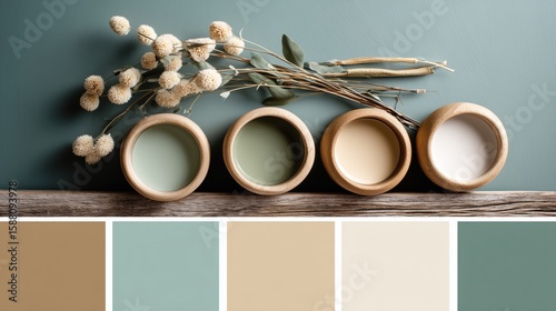Color palette display with natural elements showcases various paint shades in a contemporary setting
