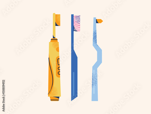 Dental Care Vector Set Electric, Manual Toothbrushes Oral Hygiene. Flat vector illustration in cartoon style. Dental care and hygiene concept