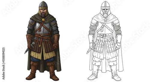 Gothic General Coloring Page with Detailed Colored and Outline Historical Style