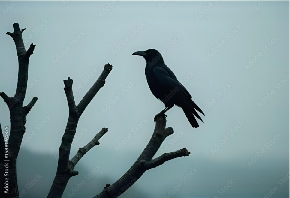 Fototapeta premium a single raven sitting on a a bare, withered tree with foggy cold mountains in the background