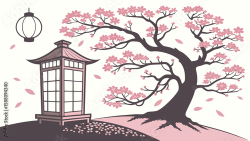 Explore japanese cherry blossom tree with lantern vector art design for spring season and asian culture art