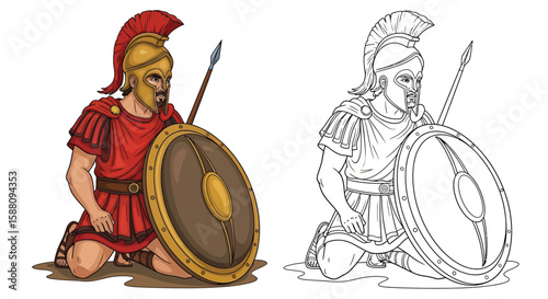 Greek Hoplite Coloring Page for Kids Dual Colored and Outline Battle Armor