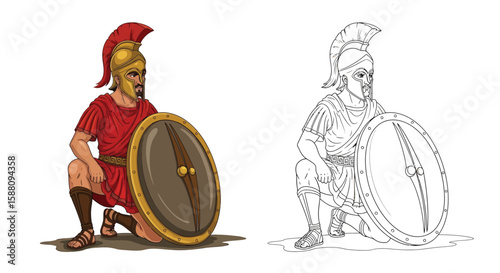 Greek Hoplite Coloring Page with Detailed Colored and Outline Historical Warrior