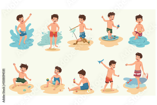 Boys Cartoon Illustration Set Having Fun at the Beach