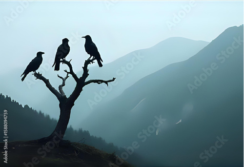 three crows sitting on a a bare, withered tree with foggy cold mountains in the background