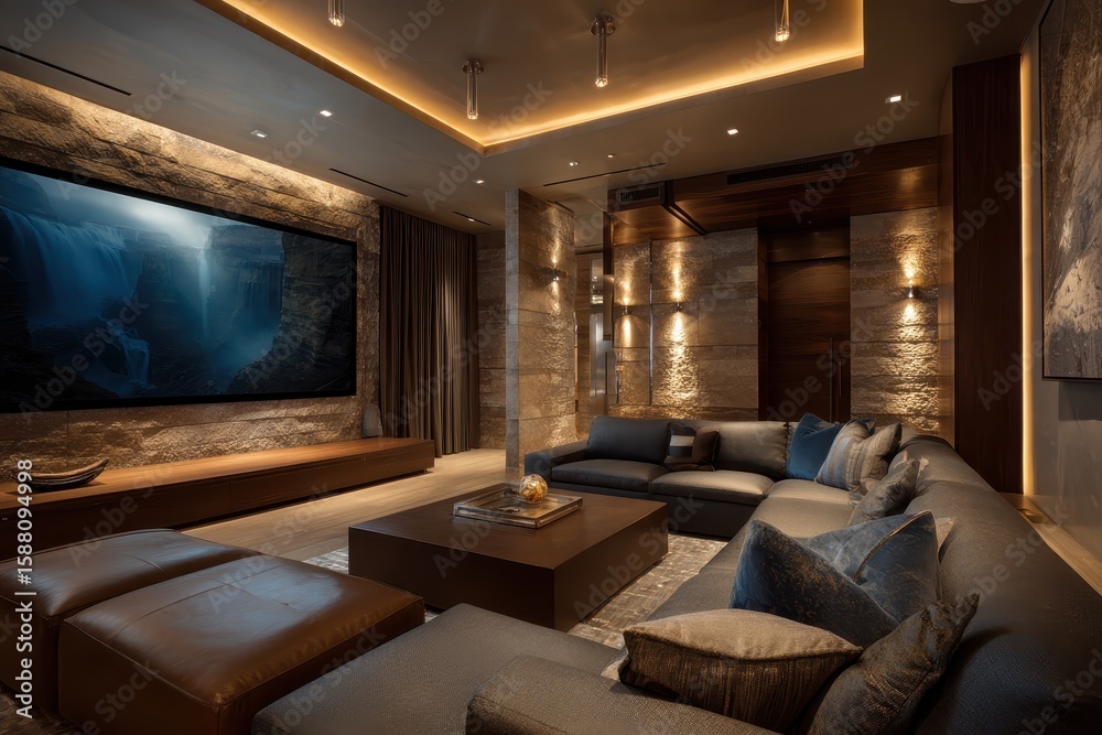 Fototapeta premium Luxury home theatre featuring stone walls and comfortable seating. Ideal for showcasing interior design or home entertainment concepts.