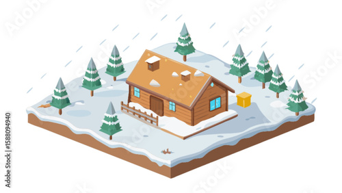 Isometric winter cabin scene with snow covered trees and a cozy house for christmas holiday season