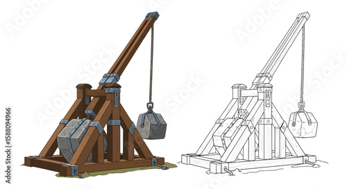 Heavy Trebuchet Counterweight Coloring Page for Kids Dual Colored and Outline