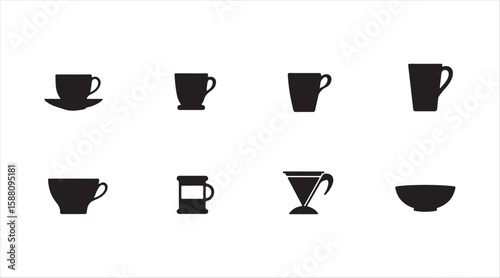 silhouette icon collection includes a coffee cup with a saucer, a herbal tea glass, a to-go cup, a drip coffee maker, and a tea infuser