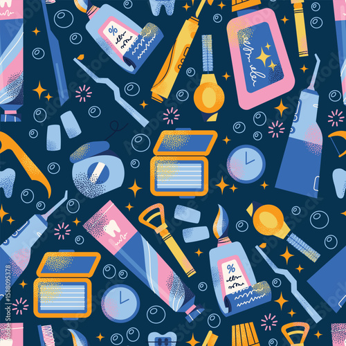 Dental hygiene tools seamless pattern toothbrush, toothpaste, floss, interdental brush, toothpaste tube, irrigator, and mouthwash. Flat vector illustration cartoon style. Dental care hygiene concept
