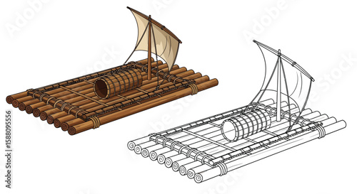 Indian Kattumaram Raft Coloring Page with Detailed Colored and Outline Boat Design