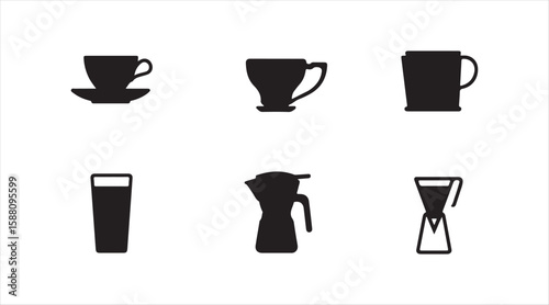 A sleek black silhouette icon set featuring a coffee cup with a saucer, a herbal tea glass, a to-go cup, a drip coffee maker, and a tea infuser