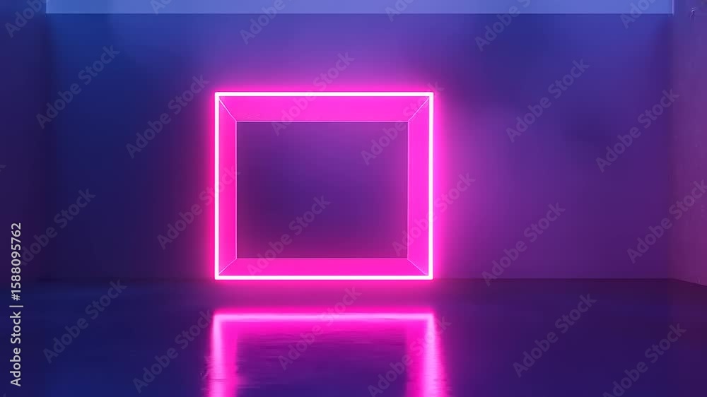 Neon pink square frame glowing in a dark room with reflective floor and ambient lighting effects Neon pink square frame glowing in a dark room with reflective floor and ambient lighting effects