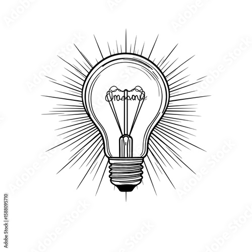 Light bulb with filament and rays of light. Vector illustration. Symbol of creativity, inspiration and saving electricity, isolated on white background.