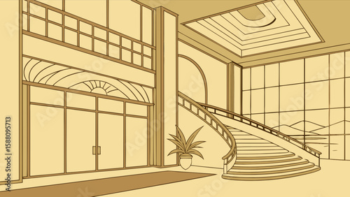 Illustration of luxury hotel lobby interior design with staircase and potted plant drawing vector art
