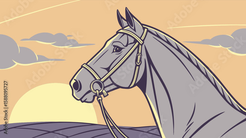 Horse illustration equestrian animal equine mammal farm countryside sunset landscape drawing vector art