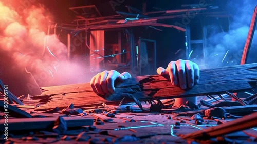 Hands emerging from debris in a dramatic scene of destruction, illuminated by colorful lights, suggesting chaos