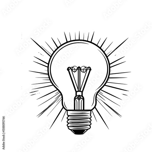 Light bulb with filament and rays of light. Vector illustration. Symbol of creativity, inspiration and saving electricity, isolated on white background.