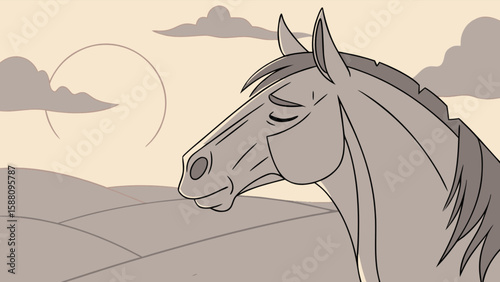 Cartoon horse head drawing vector illustration of animal in nature landscape background art design