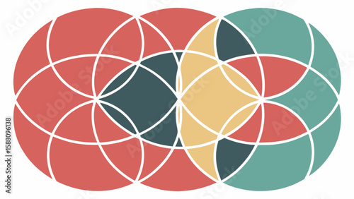 Abstract geometric circles pattern vector design with overlapping shapes in red teal and yellow colors