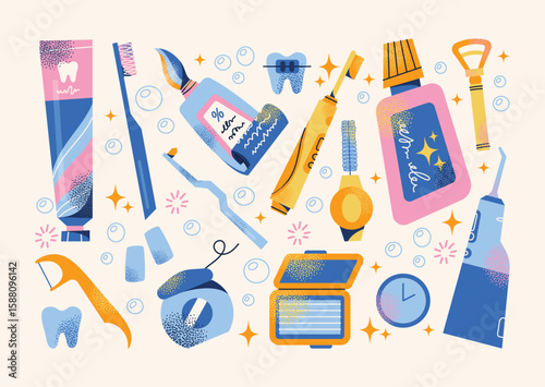 Dental hygiene tools set toothbrush, toothpaste, floss, interdental brush, toothpaste tube, irrigator, and mouthwash. Flat vector illustration in cartoon style. Dental care and hygiene concept