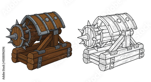 Medieval Battering Ram Coloring Page Showing Colored and Outline Views Siege Weapon Art