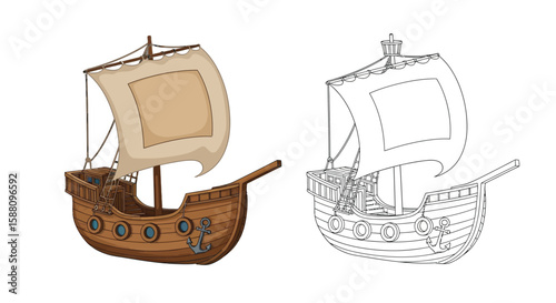 Medieval Cog Ship Coloring Page with Detailed Colored and Outline Styles Maritime History