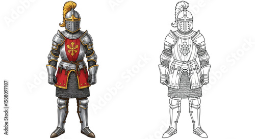 Medieval Knight Coloring Page with Detailed Colored and Outline Warrior Historical Roleplay