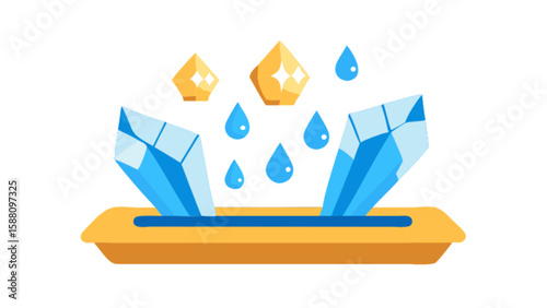 Blue crystals and gold coins with water drops vector illustration for game assets and design 3d art