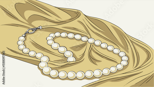 Elegant pearl necklace jewelry fashion accessory on golden fabric background fine art illustration style